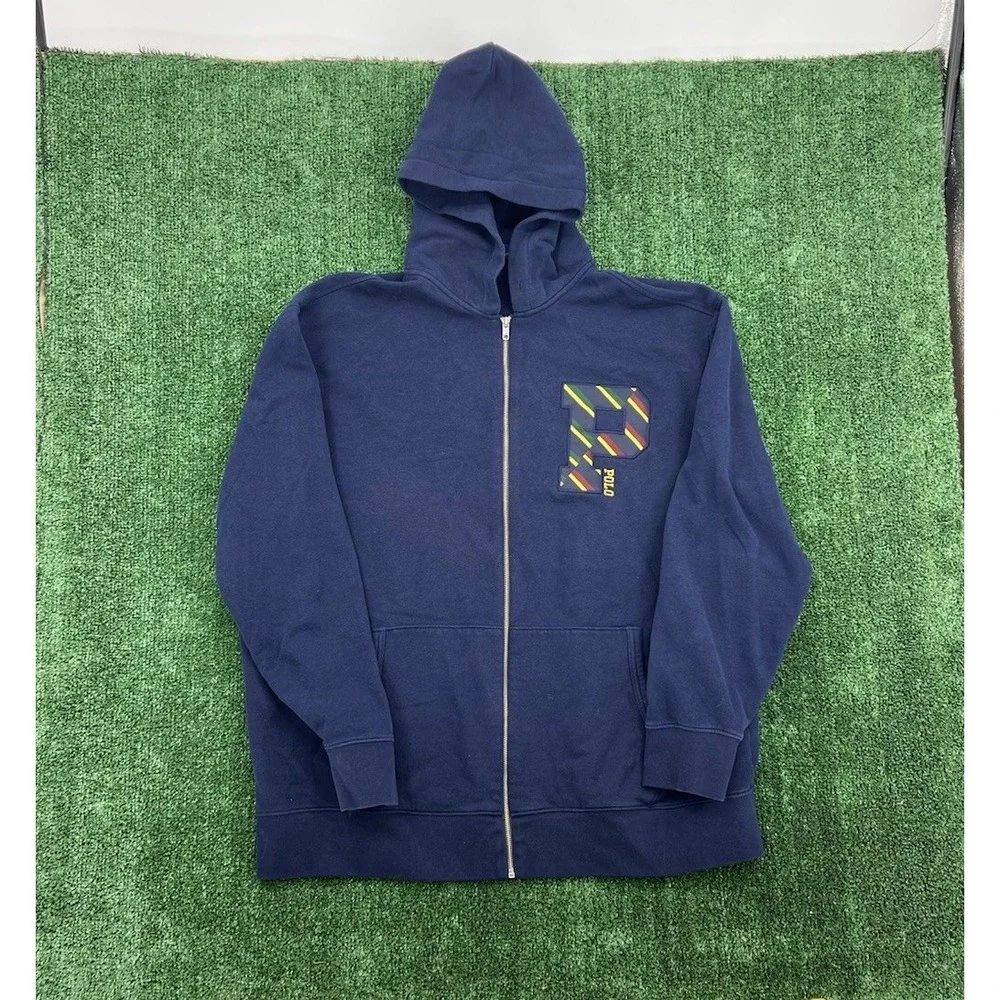 Polo Ralph Lauren Big & Tall Navy Blue P Plaid Zip Up Hoodie Size 2XLT